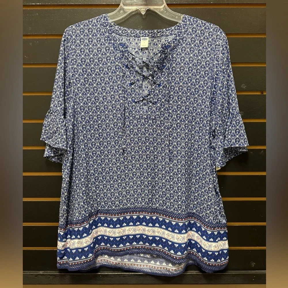 Old Navy Blue White Geometric Tie Neck Short Sleeve Top Size M NWT
